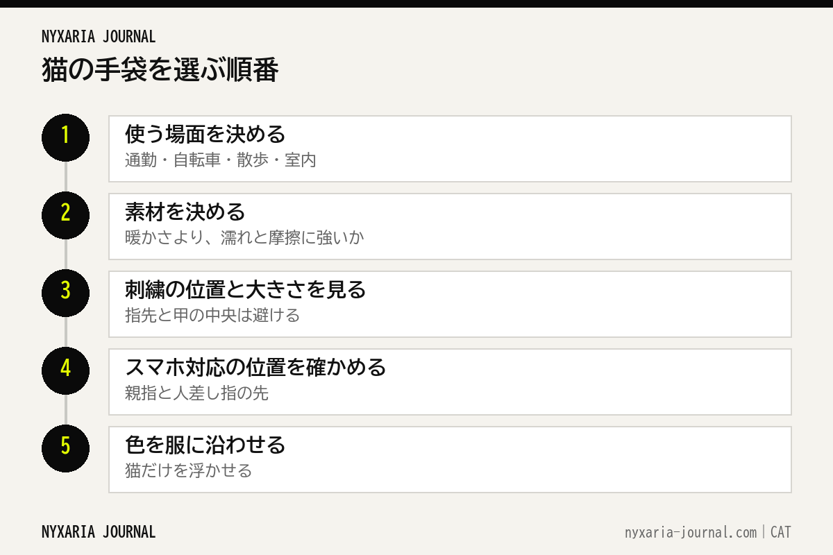 猫の手袋を選ぶ5つの手順のフロー図