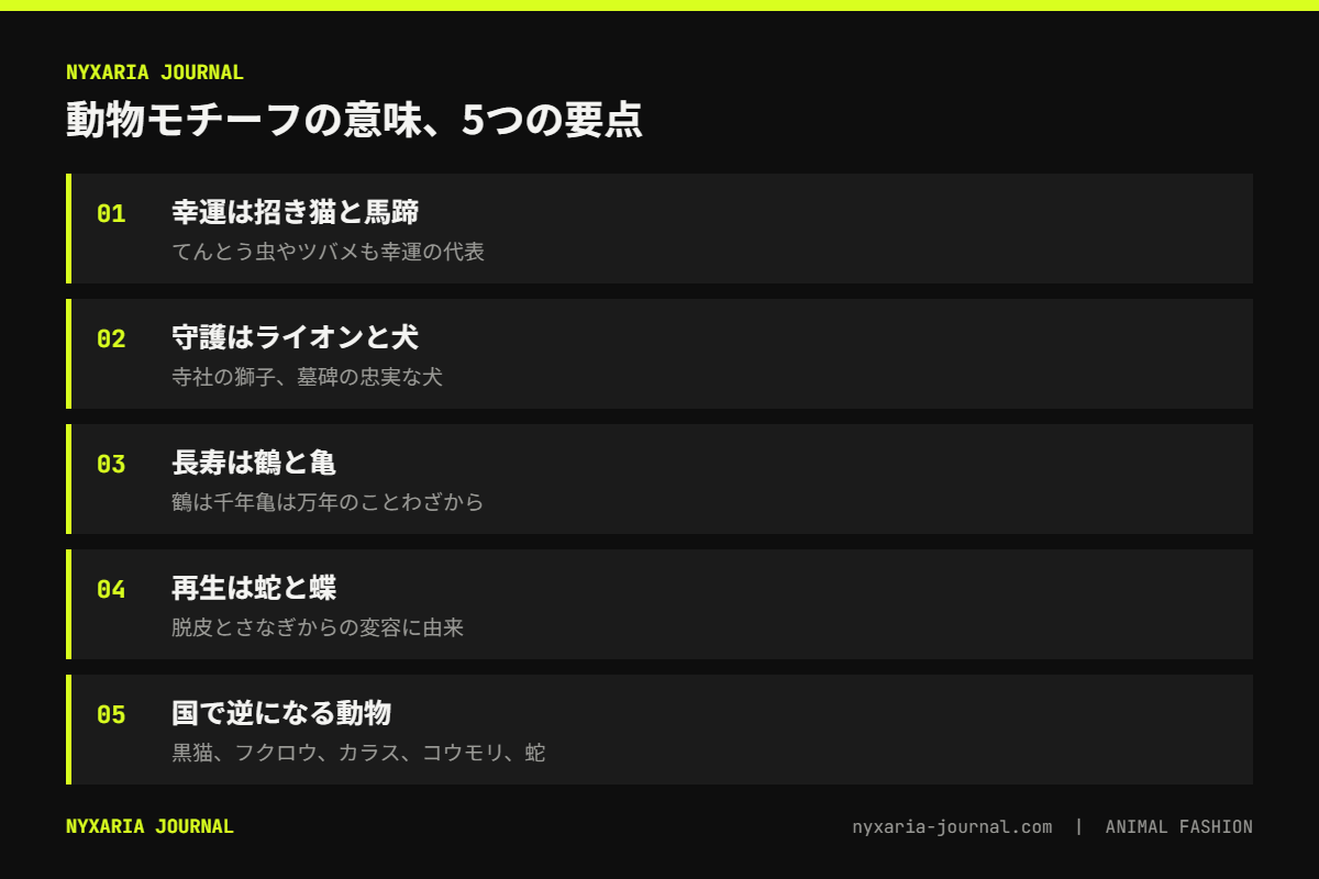 動物モチーフのジュエリーの意味の要点｜幸運・守護・長寿・知恵・自由・再生と代表の動物、国によって逆になる例