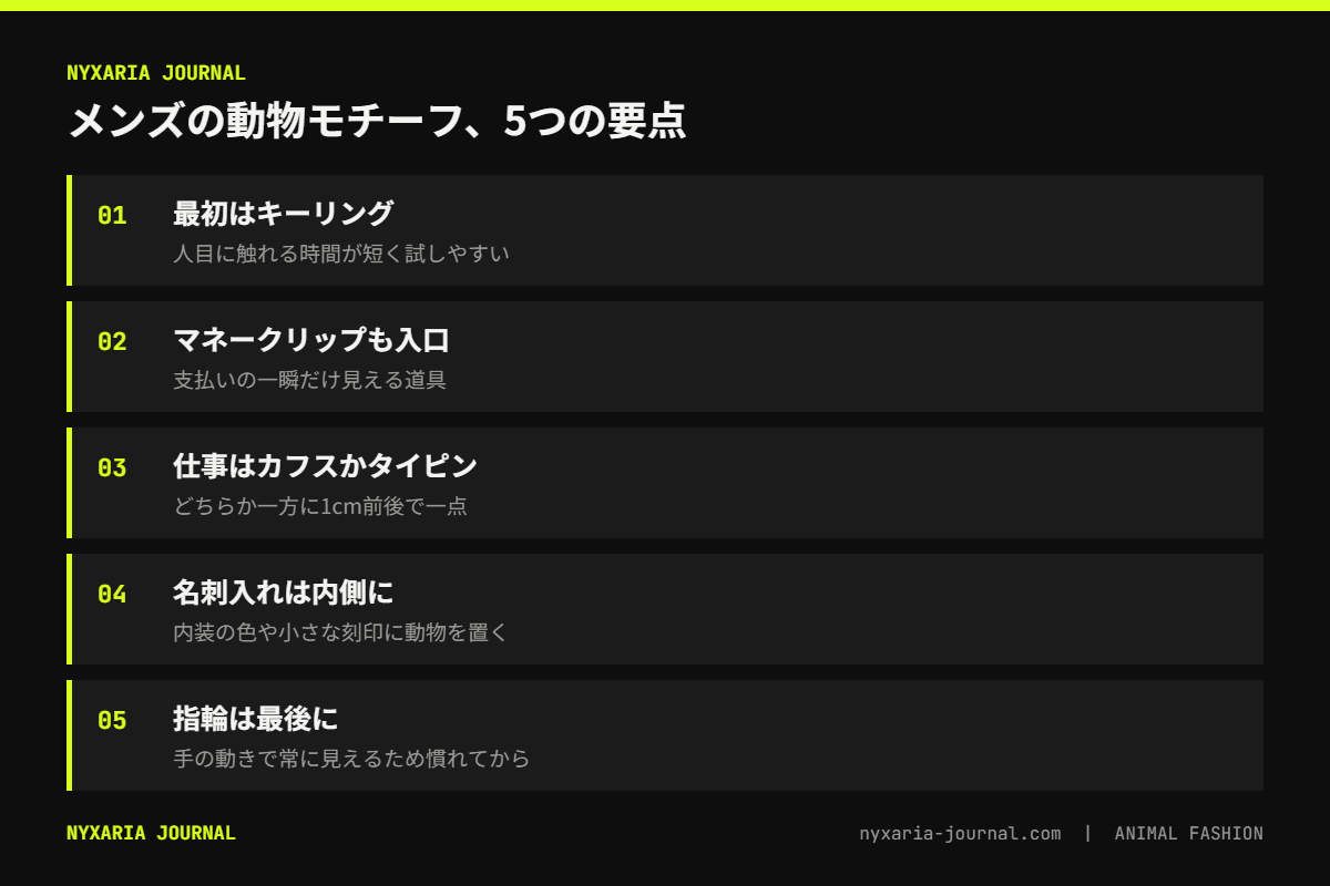 動物モチーフのメンズアクセサリーの要点｜キーリングとマネークリップから、仕事はカフスとタイピン、指輪は最後に