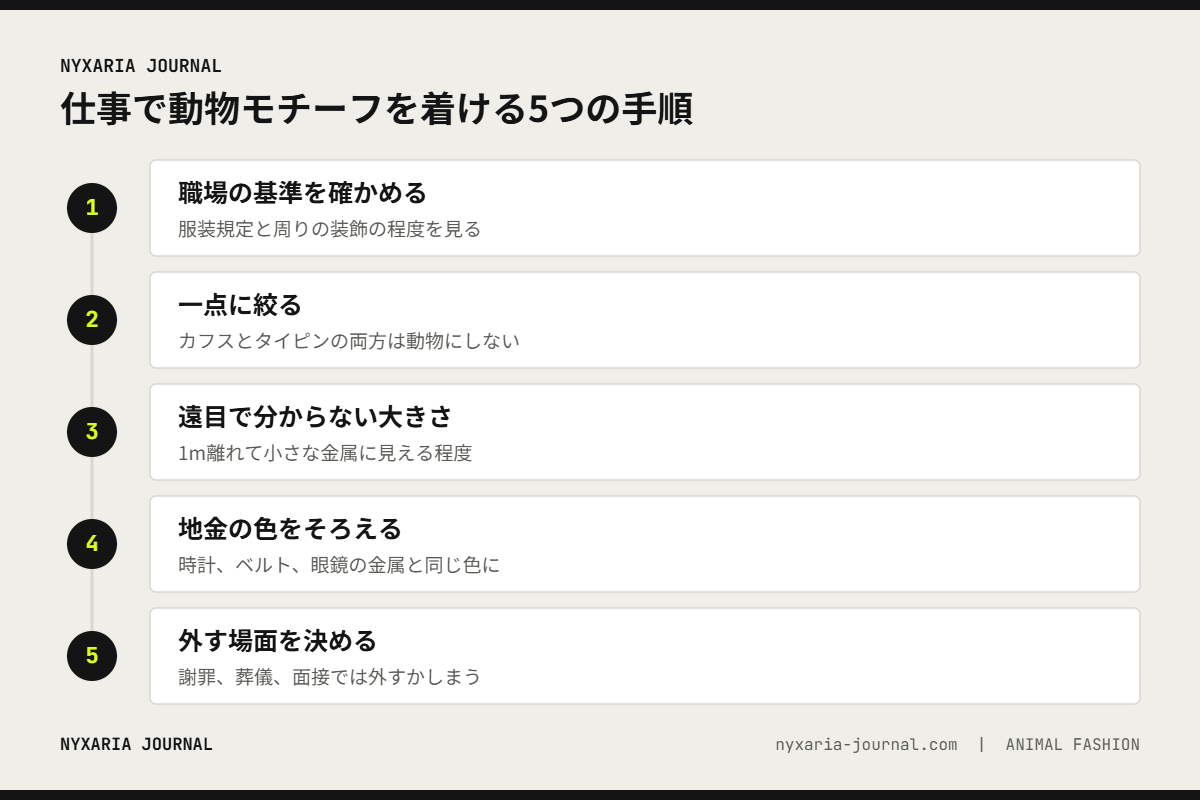 仕事の場で動物モチーフを着ける5つの手順｜職場の基準、一点に絞る、遠目で分からない大きさ、地金の色、外す場面