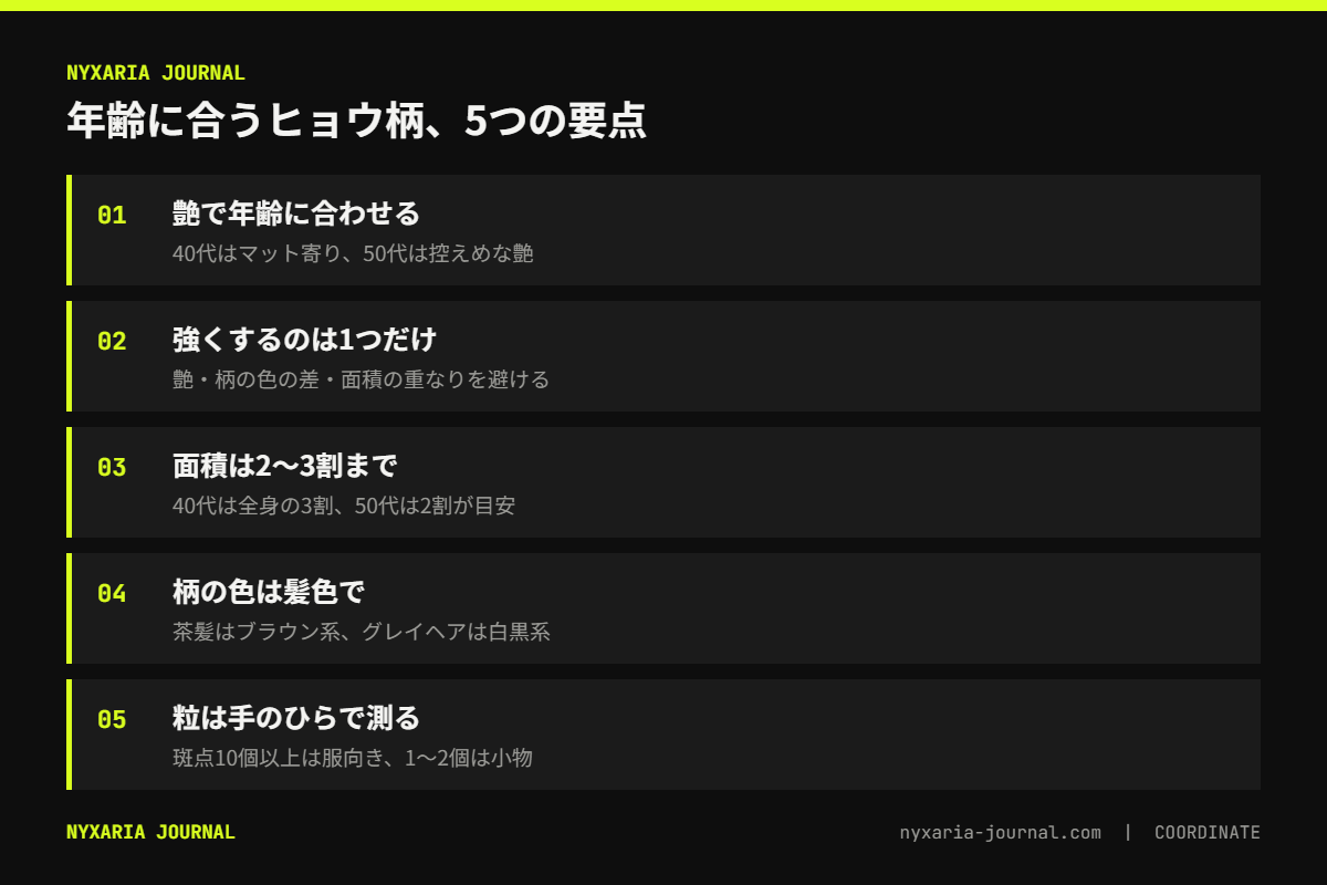 40代・50代のヒョウ柄コーデの要点｜素材の艶、柄の色の差、面積のうち強くするのは1つだけ