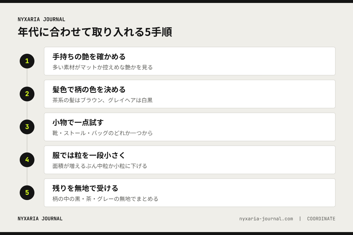 年代に合わせてヒョウ柄を取り入れる5手順｜手持ちの艶を確かめ、髪色で色を選び、小物から試す