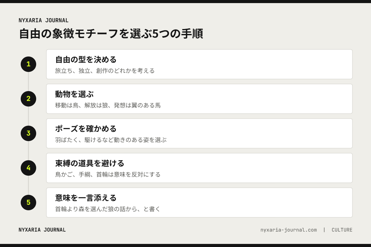自由の象徴モチーフを選ぶ5つの手順｜型を決める、動物を選ぶ、ポーズ、束縛の道具を避ける、意味を添える