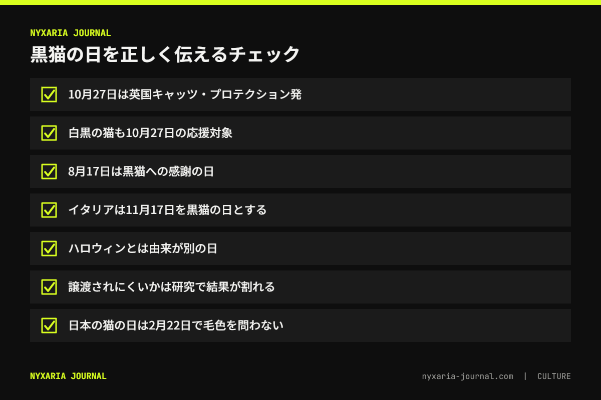 黒猫の日を正しく伝えるチェックリスト｜日付、主催、由来、研究結果の確かめ方