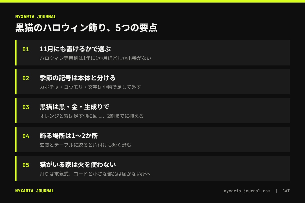 黒猫のハロウィングッズの要点｜11月にも置けるかで選び、季節の記号は小物で足す