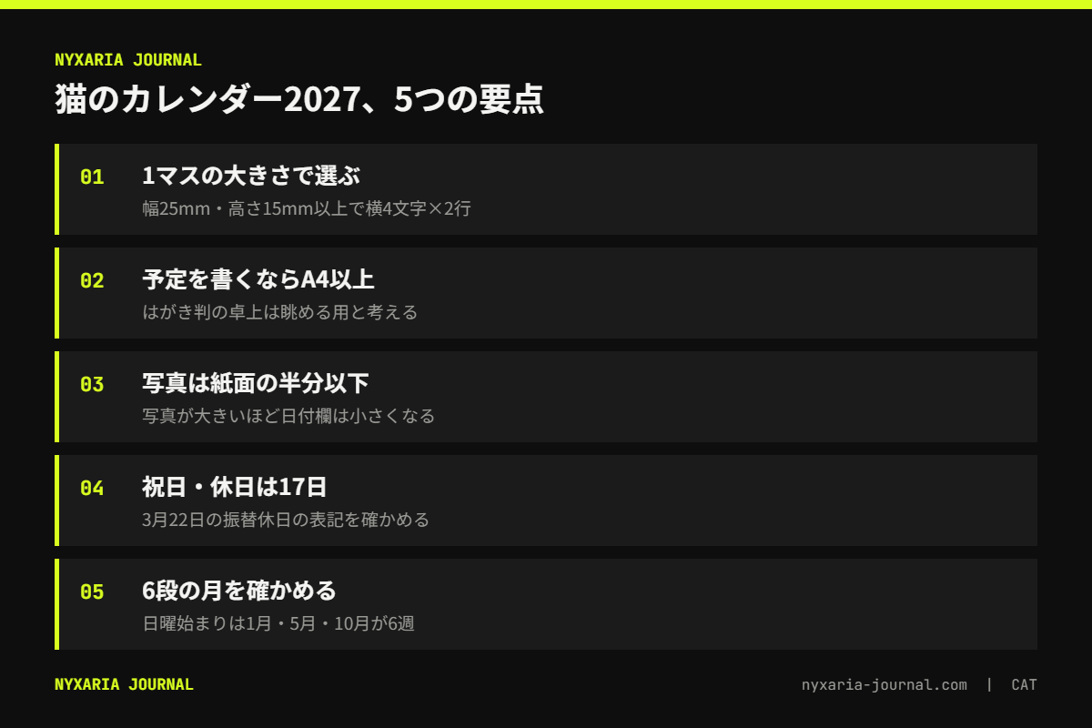 猫のカレンダー2027の選び方の要点｜写真より書き込み余白、1マス幅25mm・高さ15mmが目安