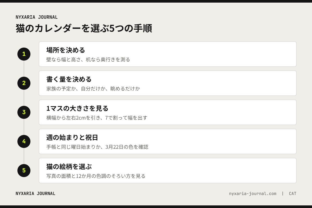 猫のカレンダー2027を選ぶ5つの手順｜場所、書く量、1マスの大きさ、週の始まりと祝日、絵柄の順に決める