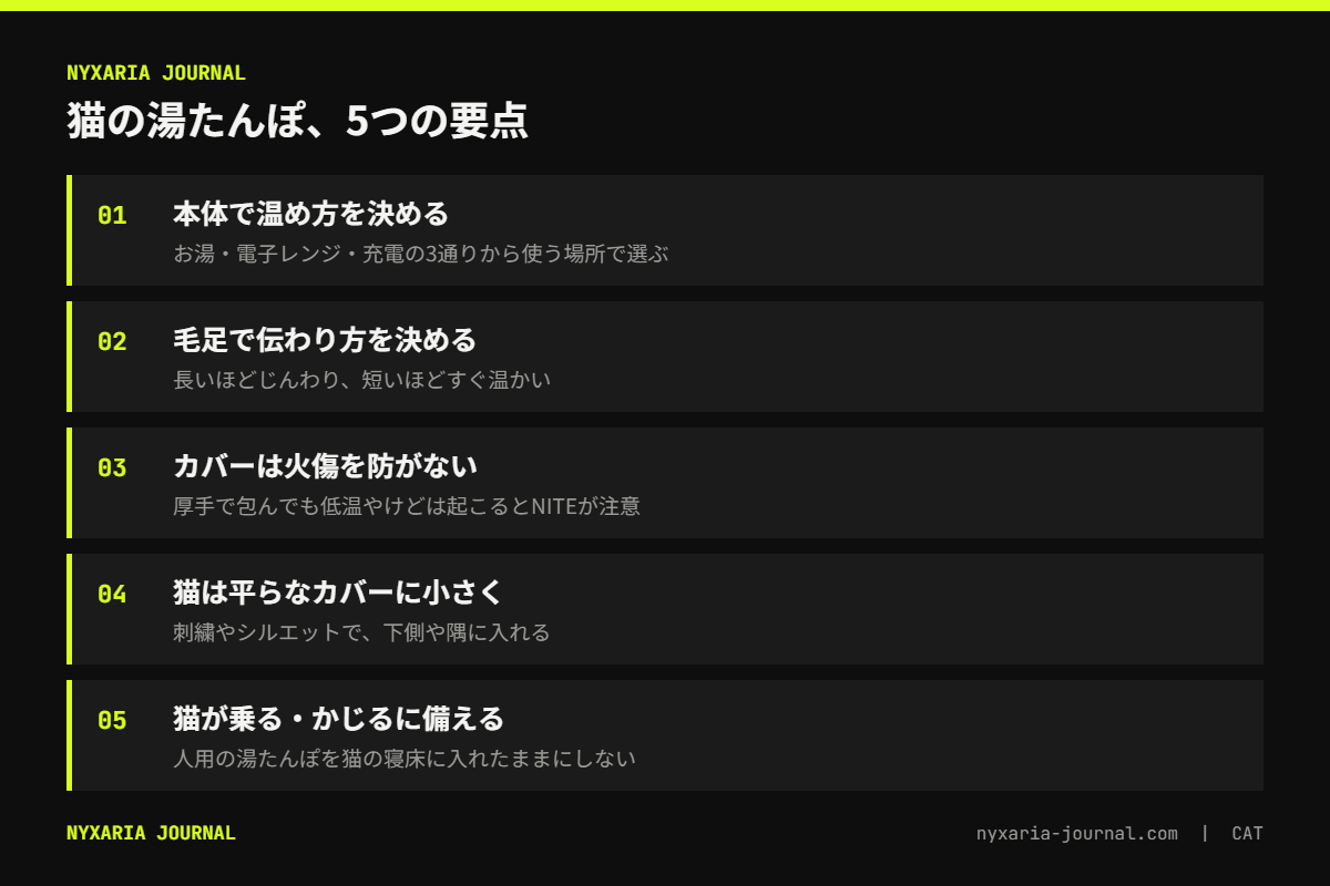 猫の湯たんぽの選び方の要点｜本体の種類で温め方、カバーの毛足で温かさの伝わり方を決める