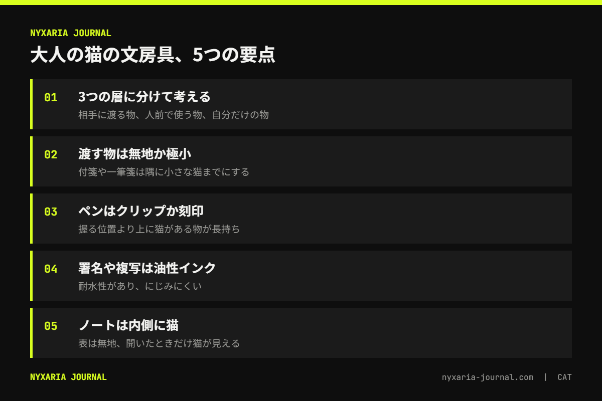 大人の猫の文房具の要点｜相手に渡る物、人前で使う物、自分だけが見る物の3層で猫の大きさを変える