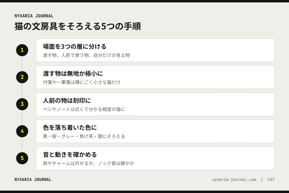 猫の文房具を仕事用にそろえる5つの手順｜3つの層に分け、渡す物は無地か極小、人前は刻印、色をそろえ、音を確かめる