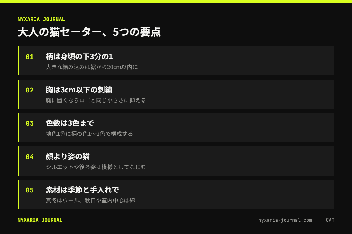 大人の猫のセーターの要点｜編み込みは身頃の下3分の1、色数は3色まで