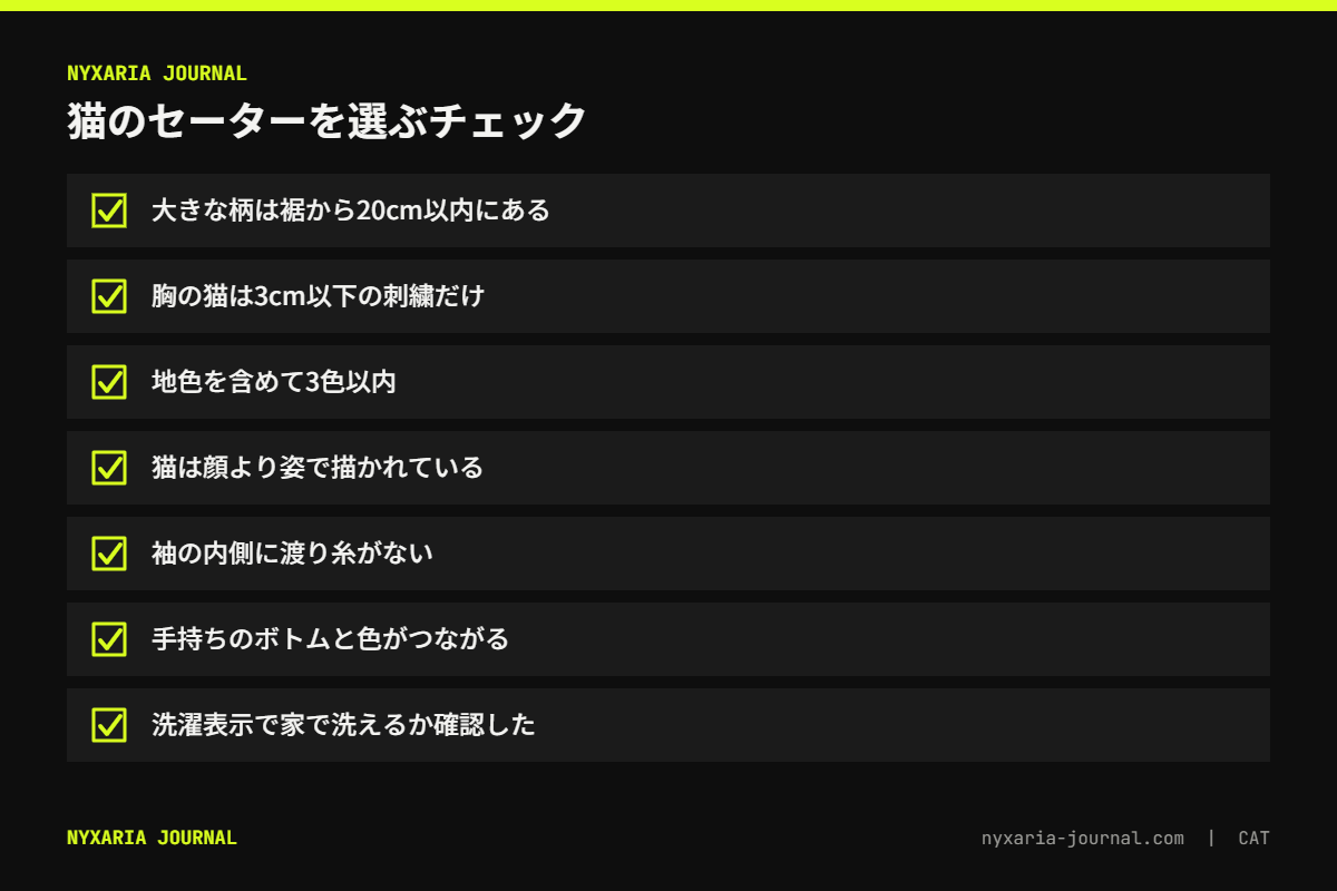 大人の猫のセーターを選ぶチェックリスト｜柄の位置、大きさ、色数、素材、手入れ