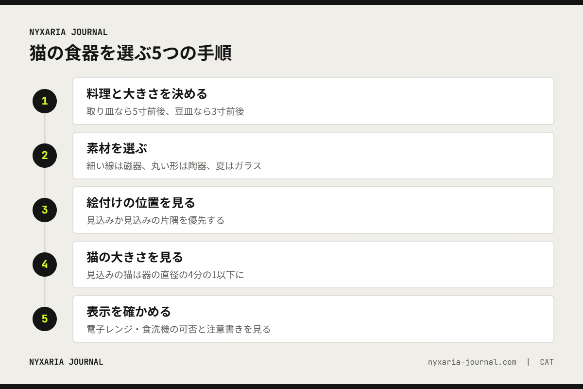 猫の食器を選ぶ5つの手順｜料理と寸法、素材、絵付けの位置、猫の大きさ、電子レンジと食洗機の表示