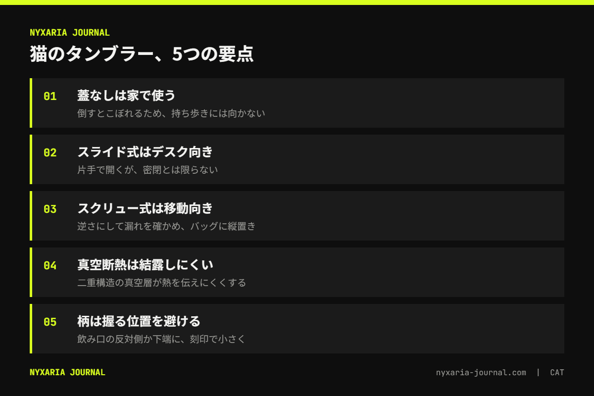 猫のタンブラーの選び方の要点｜蓋なしは家、スライド式はデスク、スクリュー式は移動