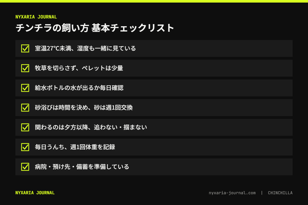 チンチラの飼い方の基本チェックリスト｜室温27℃未満、牧草中心、給水、砂浴び、夕方以降に関わる、うんちと体重、病院と備え