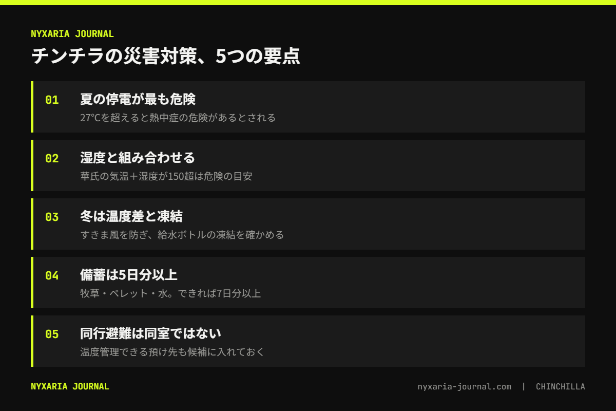 チンチラの災害対策の要点｜夏は27℃と湿度、冬は温度差と水の凍結、備蓄は5日分以上
