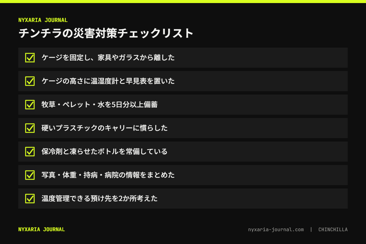 チンチラの災害対策チェックリスト｜ケージの固定、温湿度計、5日分以上の備蓄、キャリー、預け先