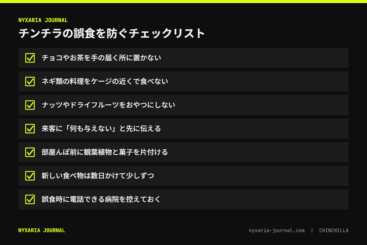 チンチラの誤食を防ぐチェックリスト｜手の届く所に菓子を置かない・来客に伝える・部屋んぽ前に片付ける