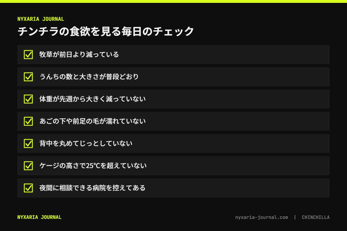 チンチラの食欲を毎日確かめるチェックリスト｜牧草の減り・うんち・体重・口元・室温