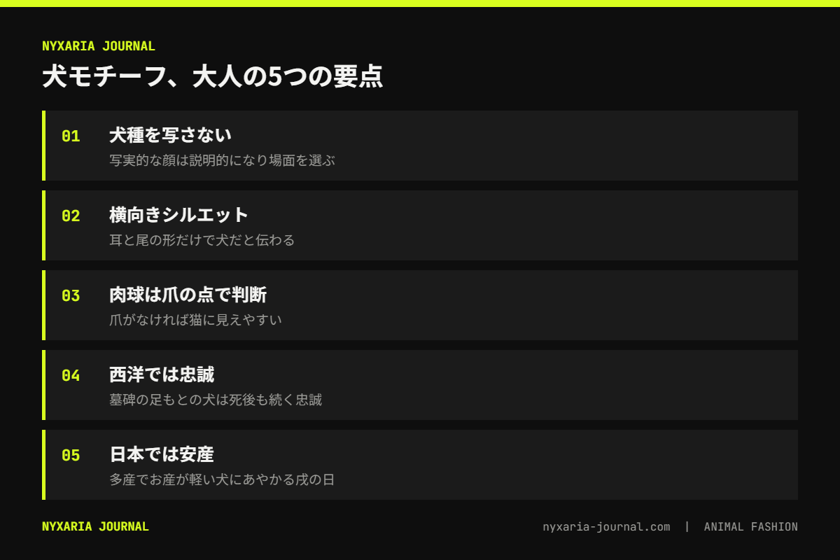 犬モチーフのアクセサリーを大人が選ぶ要点｜犬種を写さない、横向きシルエット、肉球は爪の点、意味は忠誠と安産