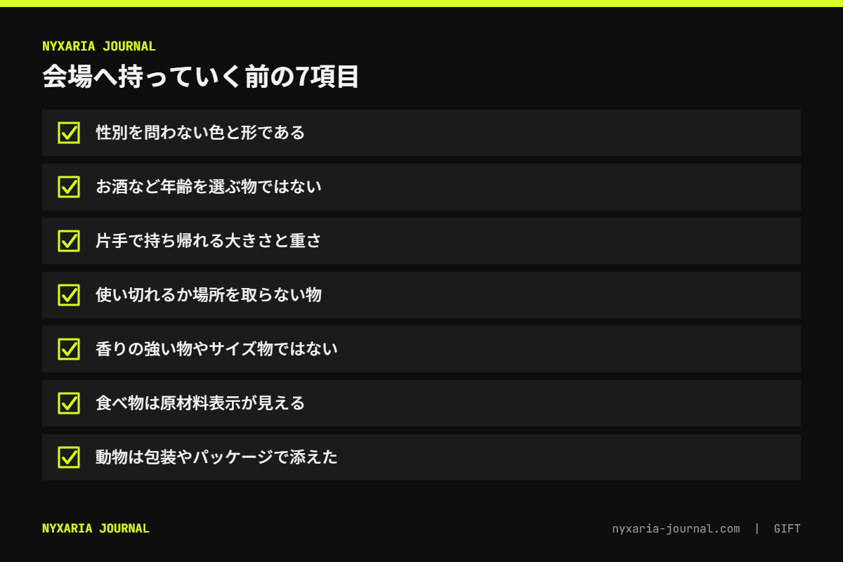 3000円のプレゼント交換で会場へ持っていく前の7項目チェックリスト｜性別・年齢・持ち帰り・香り・表示・包装