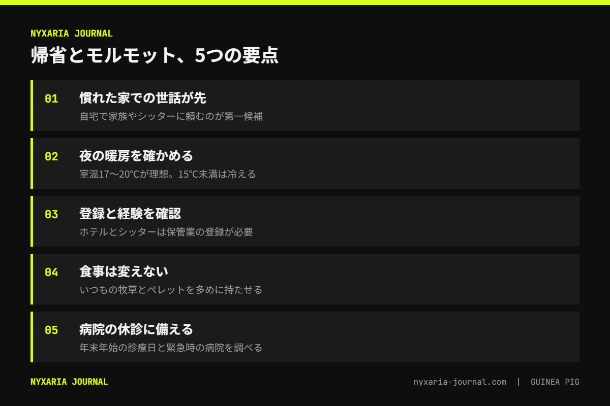 年末年始の帰省とモルモットの要点｜慣れた家で世話を頼むのが第一候補、預け先は夜の暖房で選ぶ