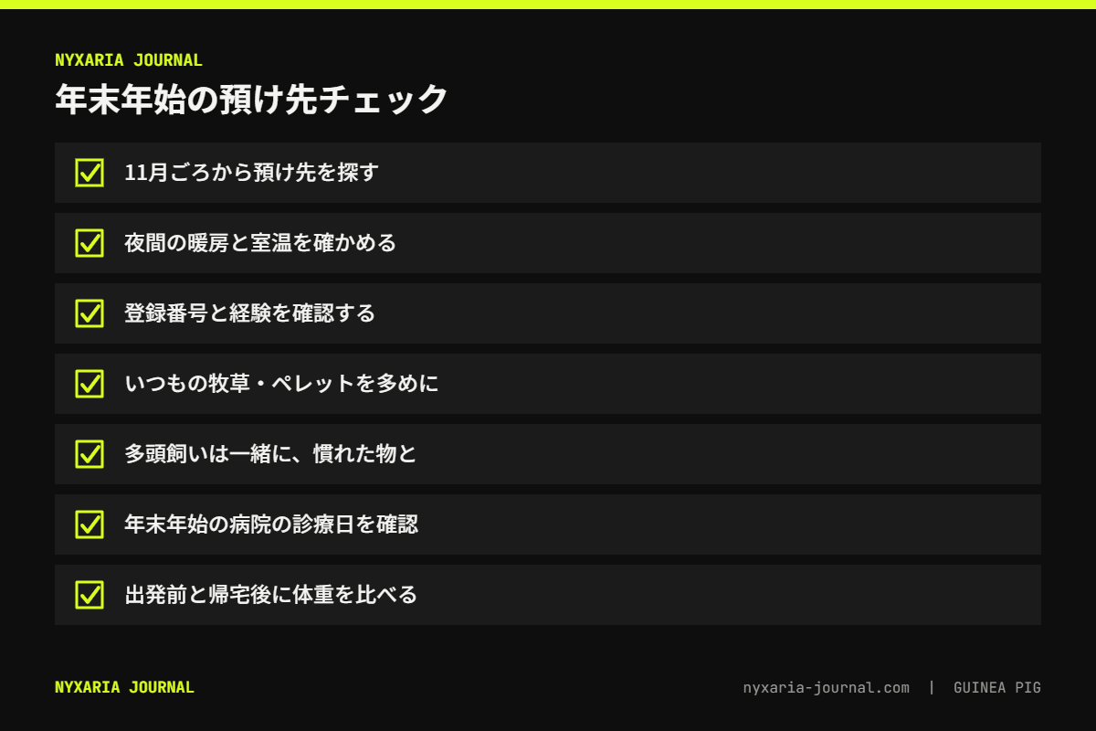 年末年始のモルモットの預け先チェックリスト｜夜間の暖房・登録番号・いつもの食事・病院の診療日・帰宅後の体重など7項目