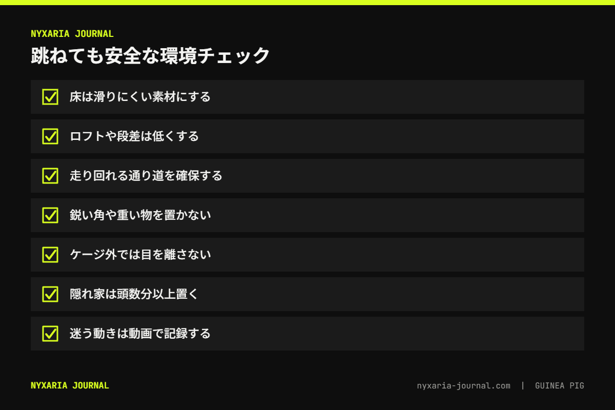 モルモットが跳ねても安全な環境のチェックリスト｜滑りにくい床・低い段差・通り道の確保など7項目