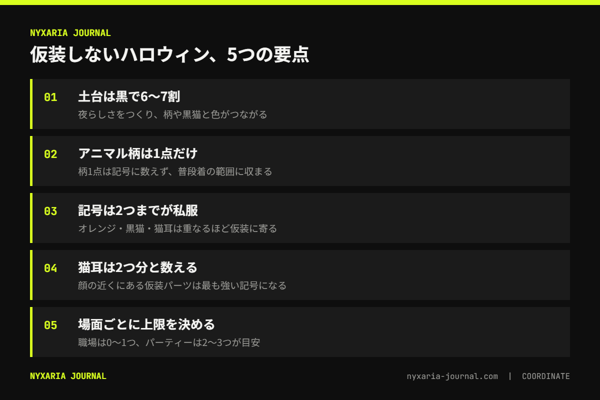 仮装しないハロウィンの大人コーデの要点｜黒を土台にアニマル柄1点、記号は2つまで