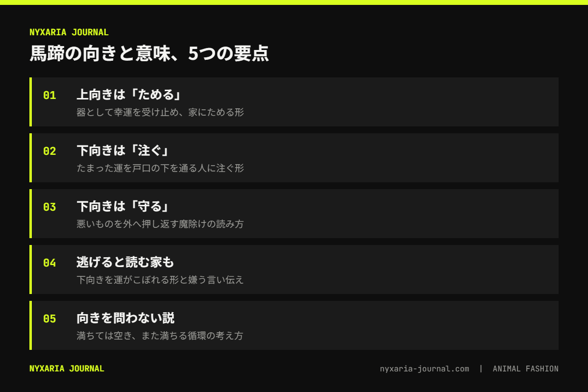 馬蹄の向きと意味の要点｜上向きは幸運をためる・下向きは注ぐと魔除け