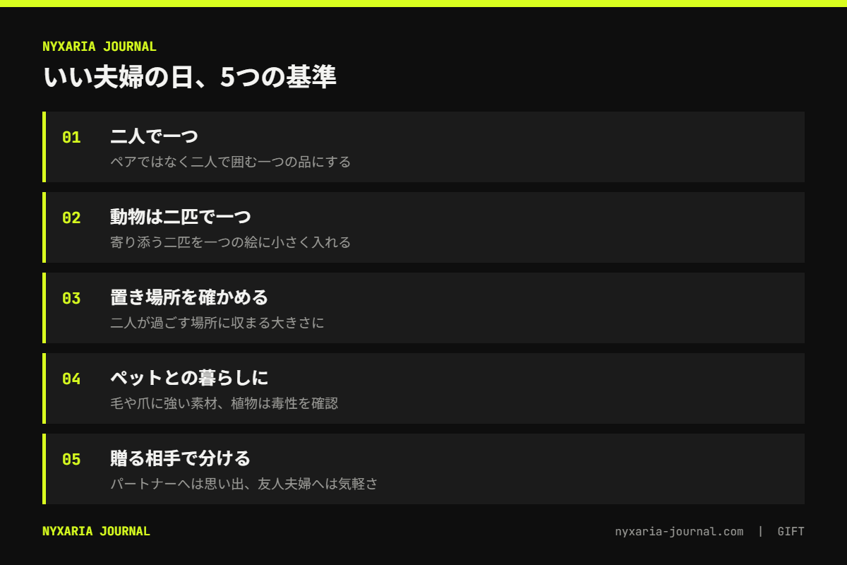 いい夫婦の日のプレゼントの要点｜動物好きの夫婦にはペアより二人で一つの品を
