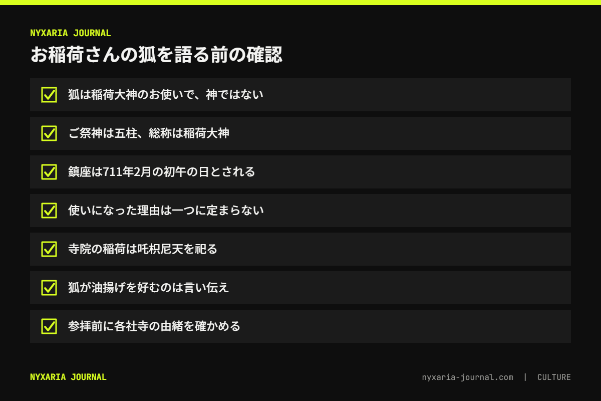 お稲荷さんの狐を正しく理解するチェックリスト｜狐は使い、ご祭神は五柱、寺院の稲荷、油揚げの由来