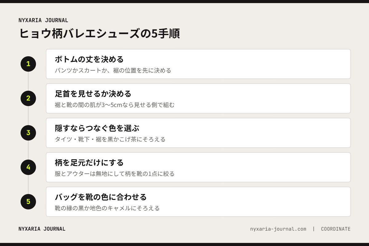 ヒョウ柄バレエシューズのコーデを組む5つの手順｜丈を決め、足首を見せるか決め、隠すなら黒でつなぐ