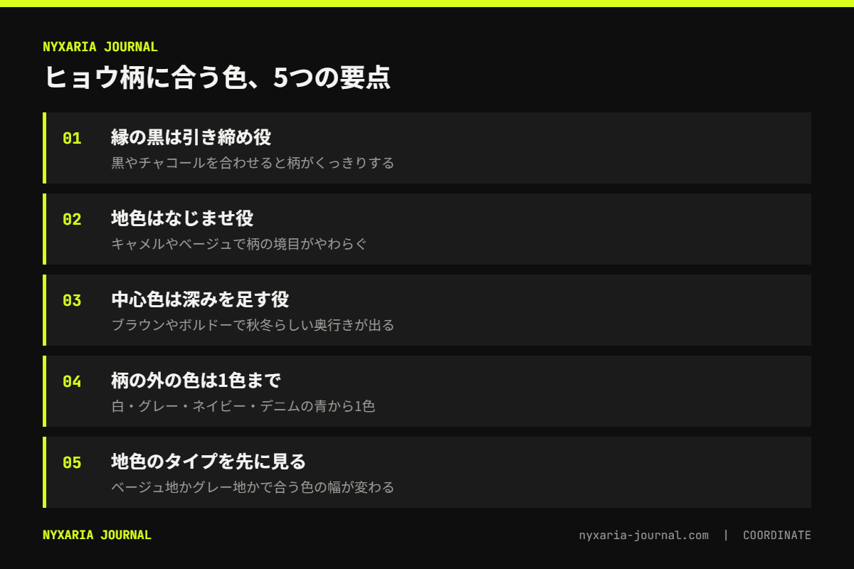 ヒョウ柄に合う色の要点｜縁の黒・地色・中心色の3色から拾い、柄の外の色は1色まで