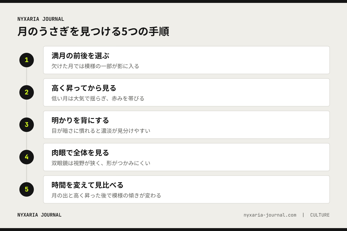 月のうさぎを見つける5つの手順｜満月の前後に、高く昇った月を肉眼で見る