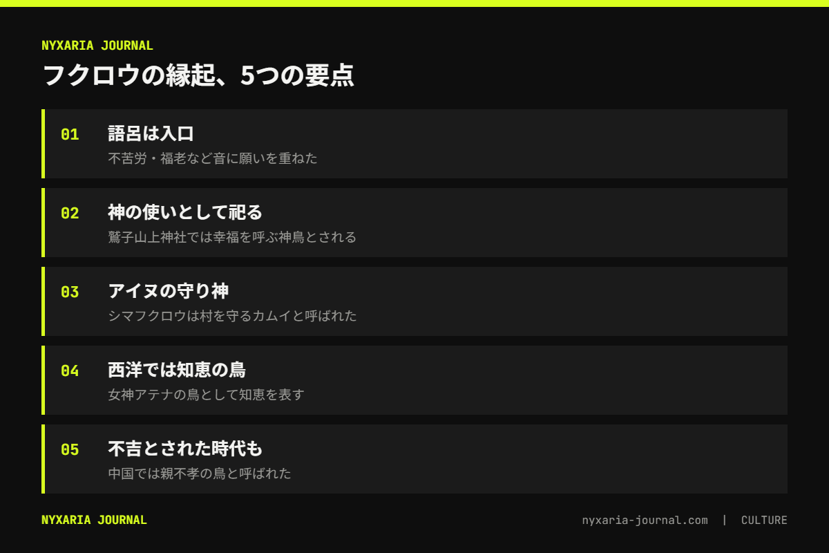 フクロウが縁起物とされる理由の要点｜語呂、神の使い、アイヌのカムイ、知恵の象徴の四つの層