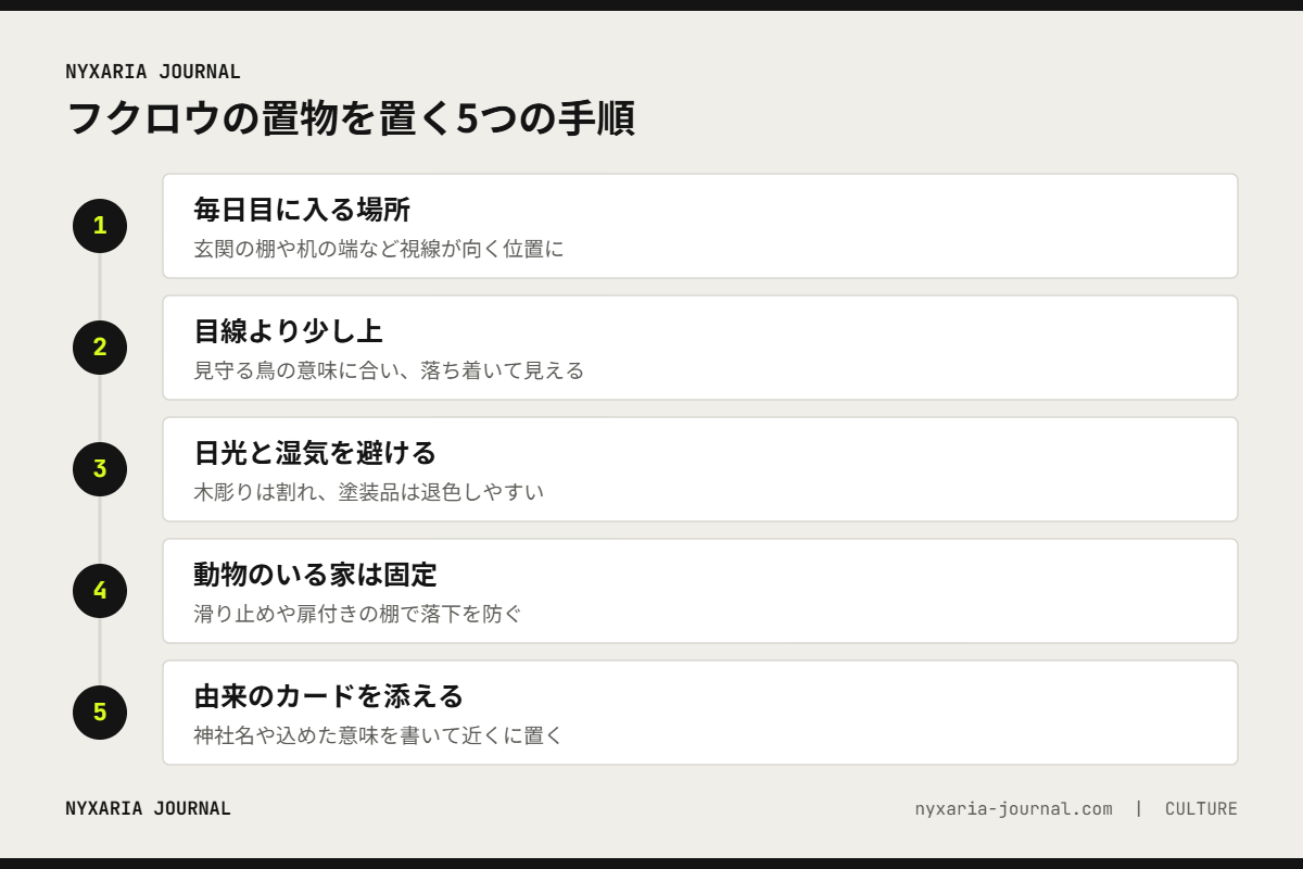 フクロウの置物を置く5つの手順｜毎日目に入り、目線より少し上で、日光と落下を避ける