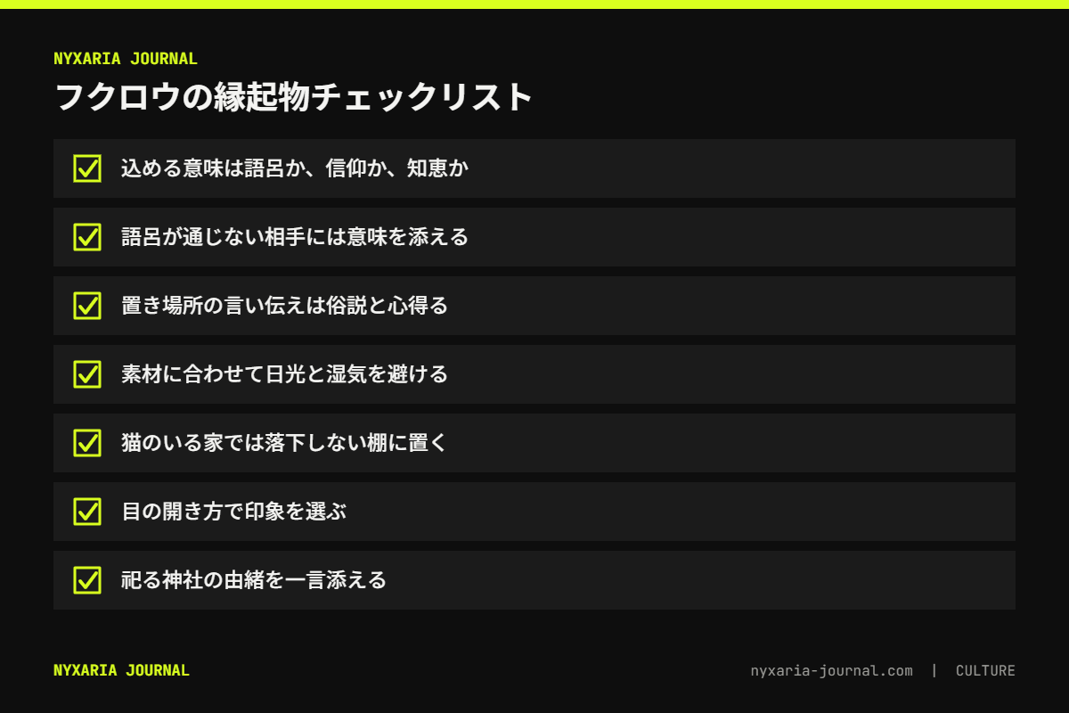 フクロウの縁起物を選ぶチェックリスト｜込める意味、語呂が通じる相手か、素材と置き場所、表情