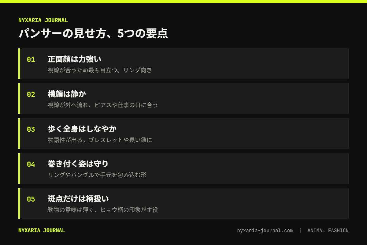 パンサーモチーフの見せ方の要点｜正面顔・横顔・全身・巻き付き・斑点で変わる印象